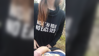 Slutty girlfriend taking a big mouthful of cum in the forrest.
