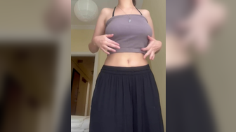 Cute school girl did tit drop in a brown tank top