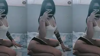 Tatted Petite Asian in White Lingerie Sitting on Bed