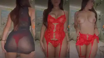 Sophieraiin Shows Curvy Body In Red Lingerie And Black Sheer Dress In Bedroom OnlyFans Video