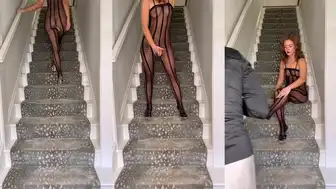 kaleona Stairway Tease in Sexy Black Lingerie and Stockings While Showing Off Herself