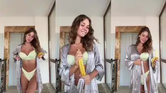 OnlyFans Anna Malygon Playing In A Lime Green Bikini And Grey Silk Robe Playing With Banana