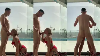 Elle Brooke Blonde in Red Bikini Giving a Blowjob to her man in front of mirror and Getting Drilled in Pussy