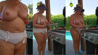 Fantasymilfursula Grills BBQ in a Bikini and Thong Showing Off Huge Boobs in This OnlyFans Video