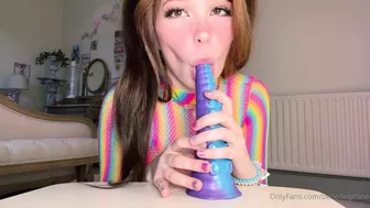 Belle Delphine Deepthroating Alien Dildo in Rainbow Fishnet Top OnlyFans Video