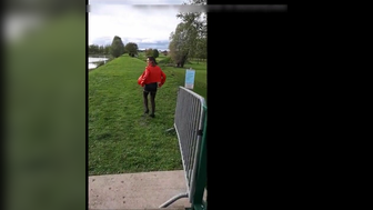 A horny mature French woman walks half nude outside