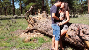 Amateur couple having porno on a big wooden block