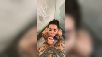 Tattooed Babe Deeply Sucks a Cock Gets Fucked till he Cums in Bathroom Video